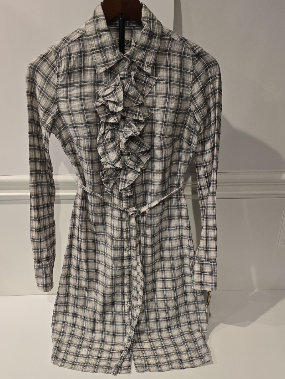 Converse Vintage 1908 Blk & Ivory Plaid Ruffle-Front Button Down Shirt Dress -XS